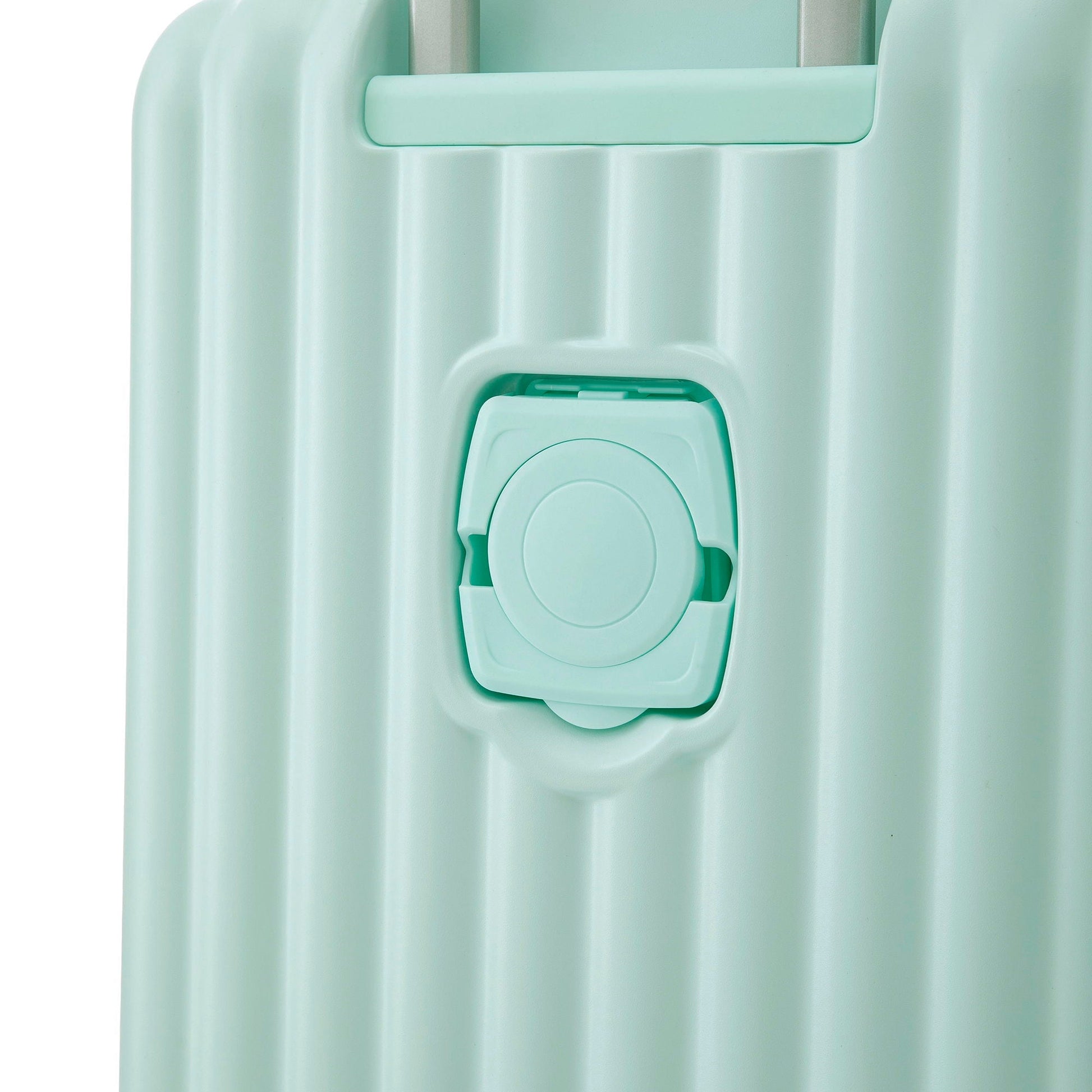 3-piece mint green spinner luggage set closeup of latch and wheel area carry-on on Tampa Home & Garden Store
