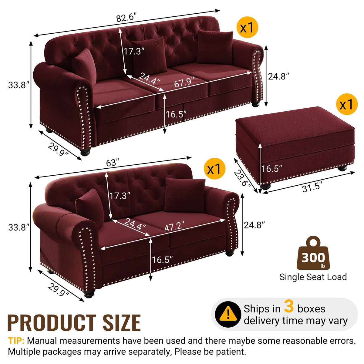 Upholstered Sofa Set with Nailhead and Pillows