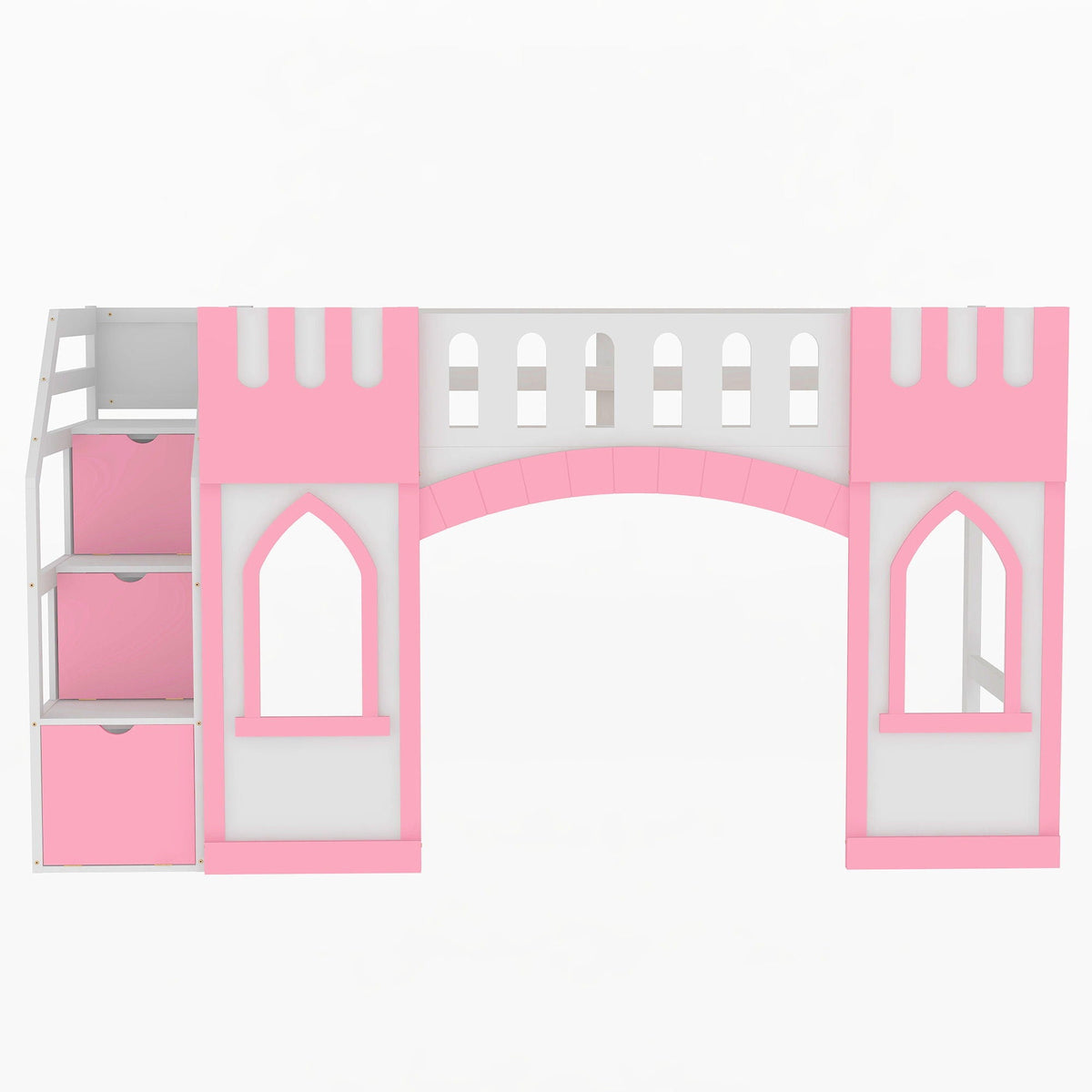 Loft bed with storage staircase and windows in pink and white, HouseOfZazla on Tampa Home & Garden Store
