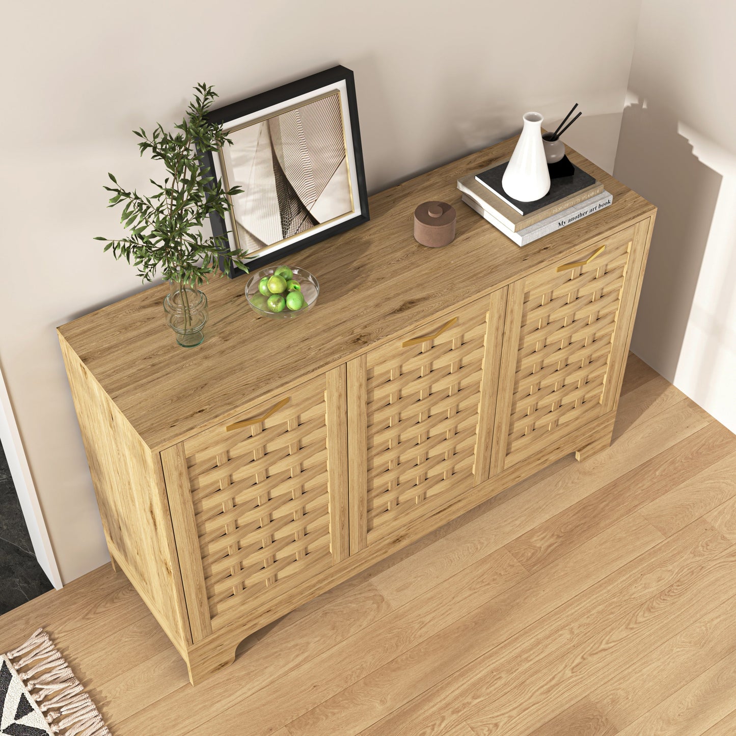 Storage cabinet with 3 doors in natural wood featuring woven front panels by HouseOfZazla on Tampa Home & Garden Store