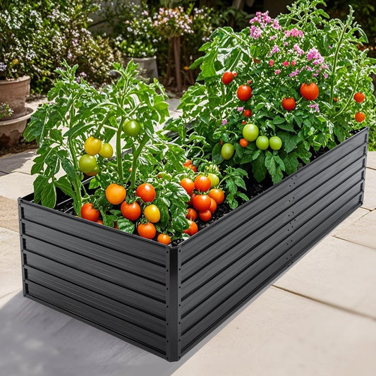 Metal raised garden bed galvanized 7.2x3.6x2 ft with tomato plants HouseOfZazla on Tampa Home & Garden Store