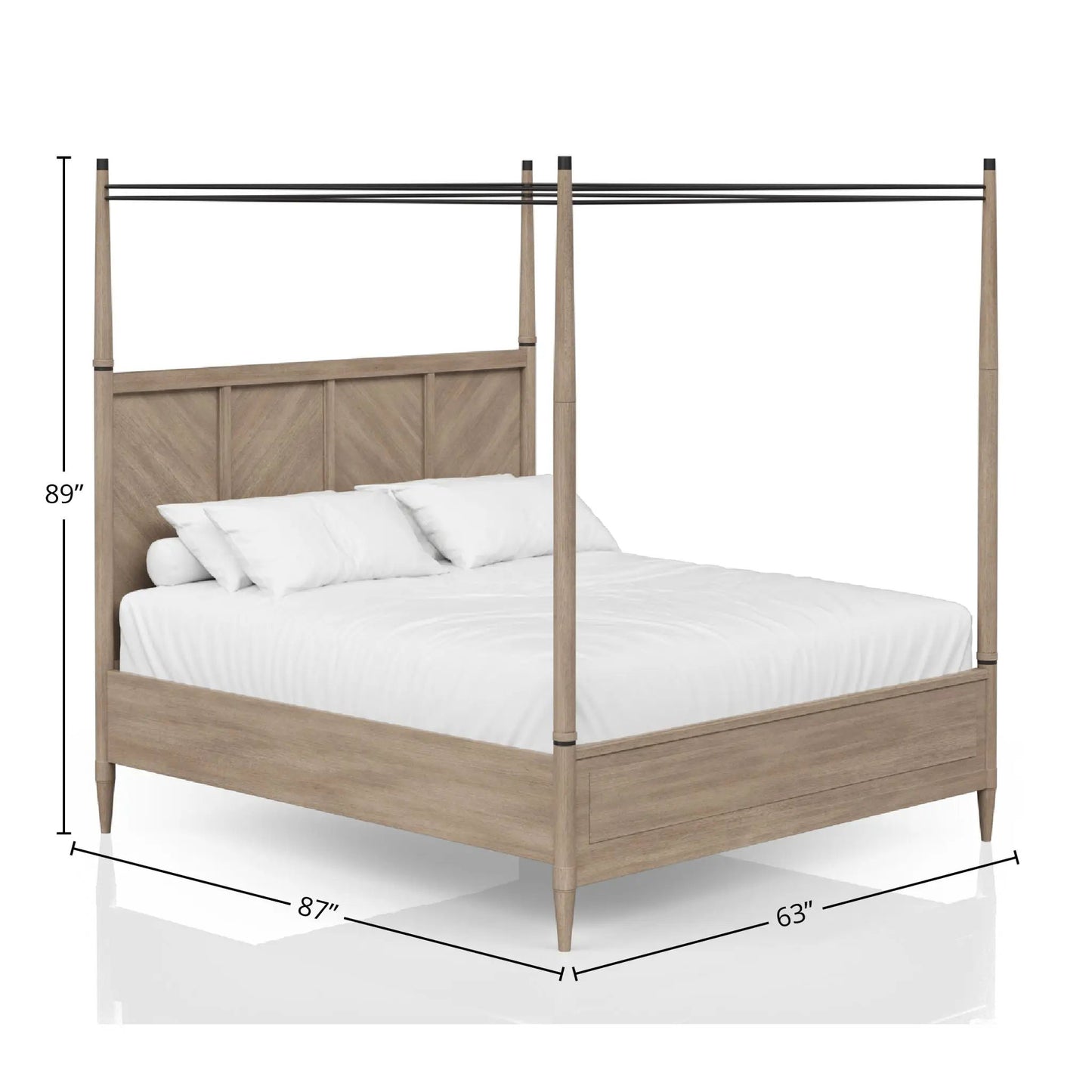 Transitional canopy bed in natural oak with black metal rails by Unique Piece Furniture on Tampa Home & Garden Store