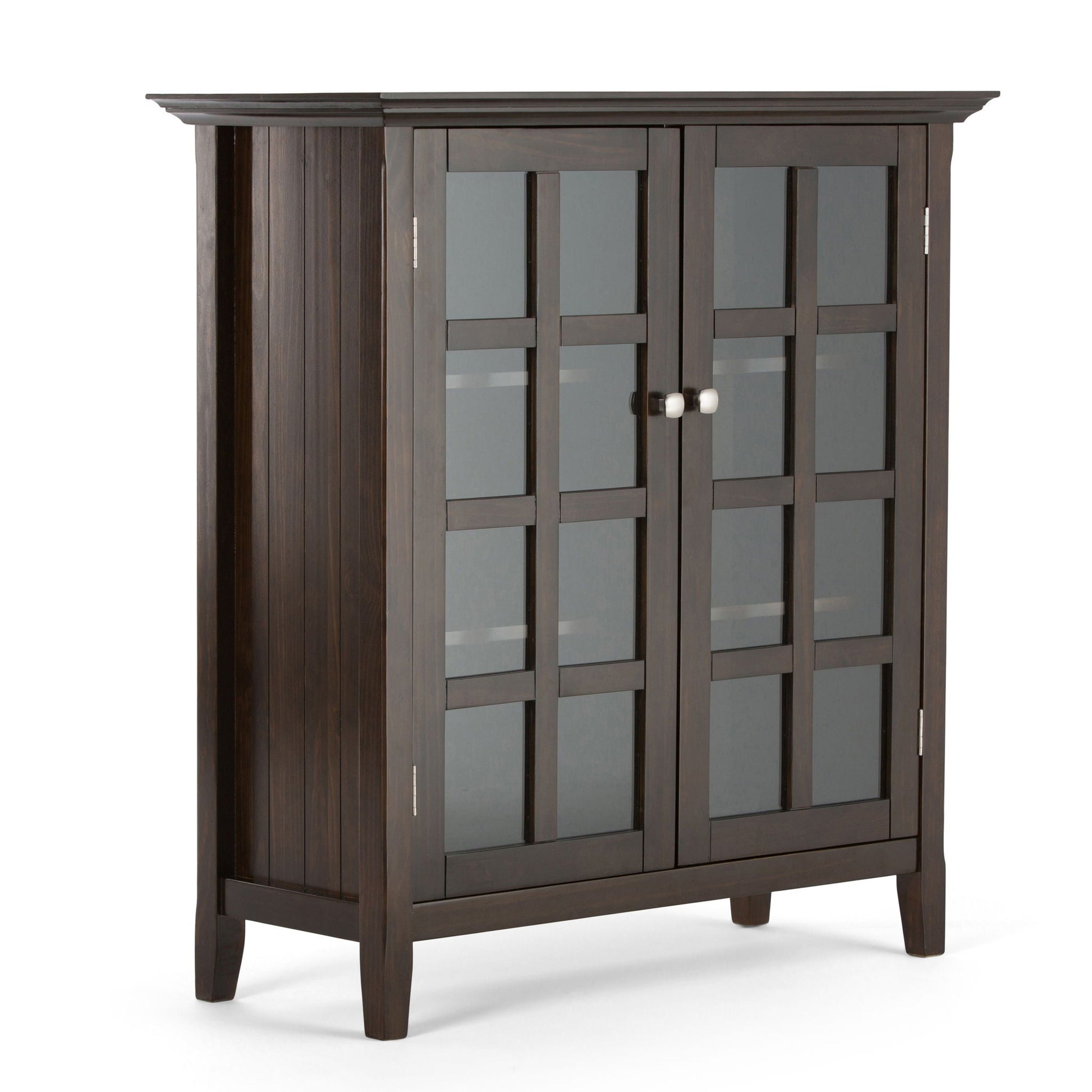 Acadian medium storage cabinet handcrafted in dark espresso with glass panels on Tampa Home & Garden Store