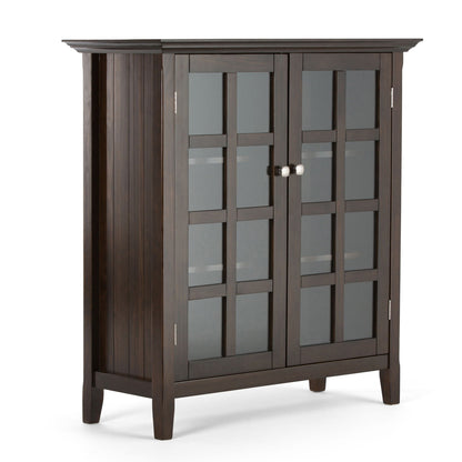 Acadian medium storage cabinet handcrafted in dark espresso with glass panels on Tampa Home & Garden Store