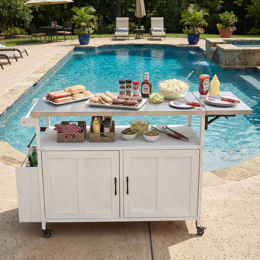 Foldable Outdoor Kitchen Island Cart with Storage white, stainless top wheels HouseOfZazla on Tampa Home & Garden Store