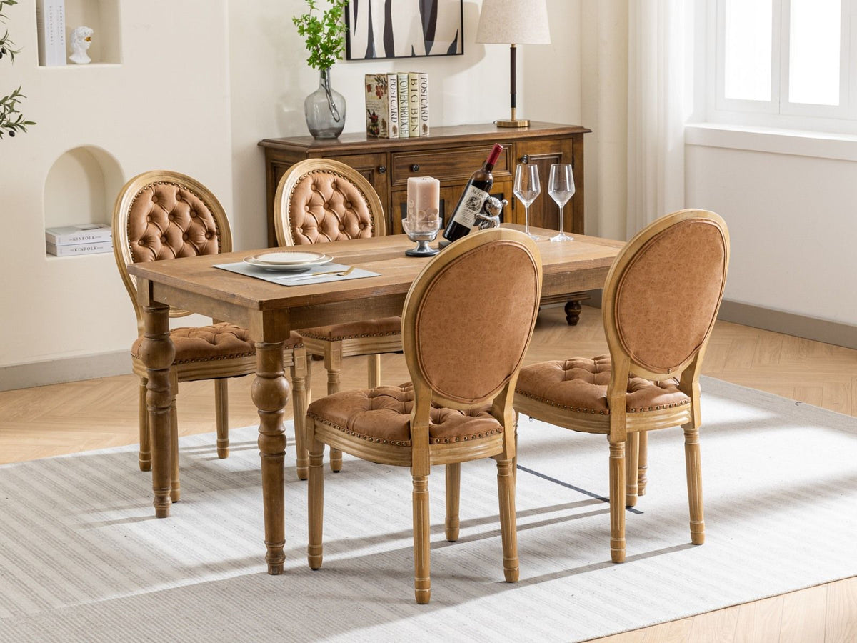 French Style Solid Wood Dining Chair with Nailhead Trim, tan tufted upholstery, 6 chairs on Tampa Home & Garden Store
