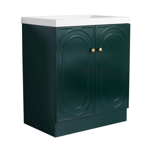 Contemporary freestanding bathroom vanity with white resin sink top and teal arched doors on Tampa Home & Garden Store