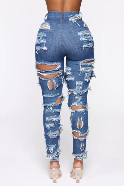 Women's Fashion Cut And Tear Stretchy Calf Jeans FLIPSTYLEZLLC blue distressed denim ripped knees on Tampa Home & Garden Store