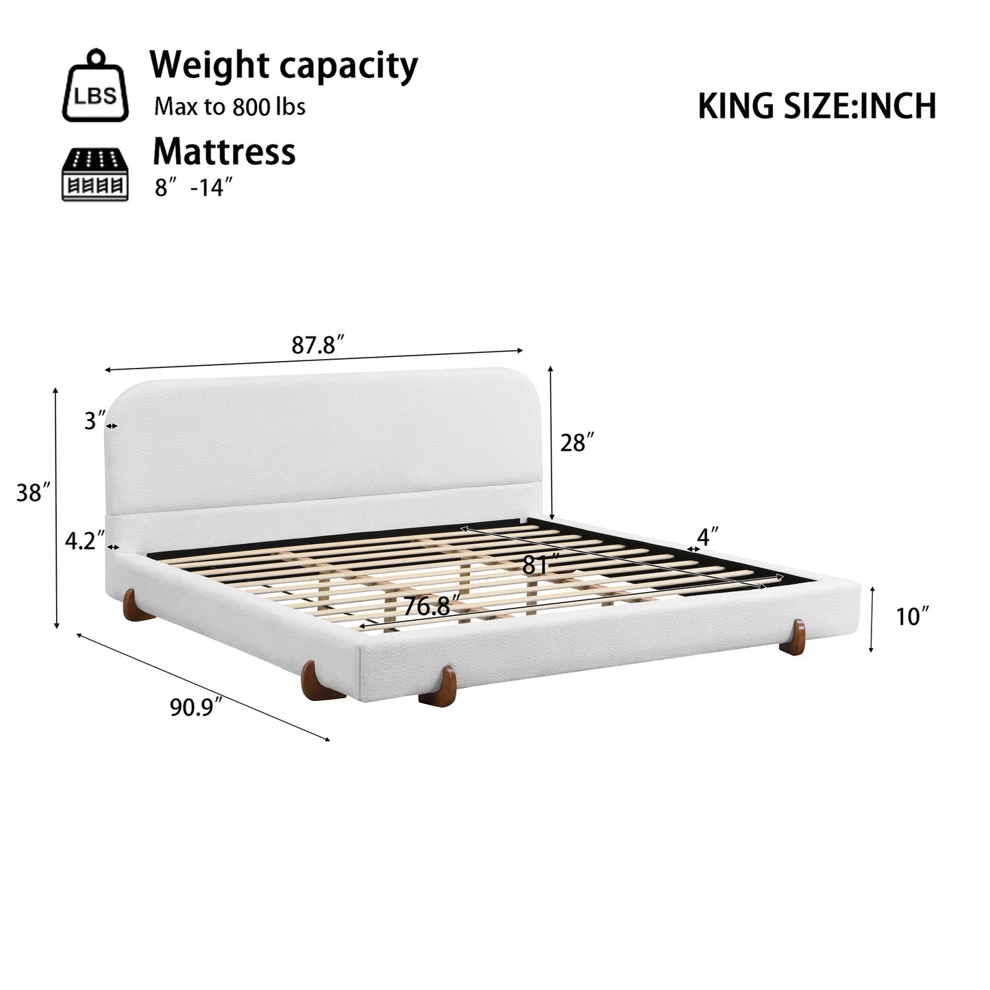Elegant upholstered bed frame king size in white fabric with wooden legs by HouseOfZazla on Tampa Home & Garden Store