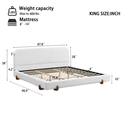 Elegant upholstered bed frame king size in white fabric with wooden legs by HouseOfZazla on Tampa Home & Garden Store