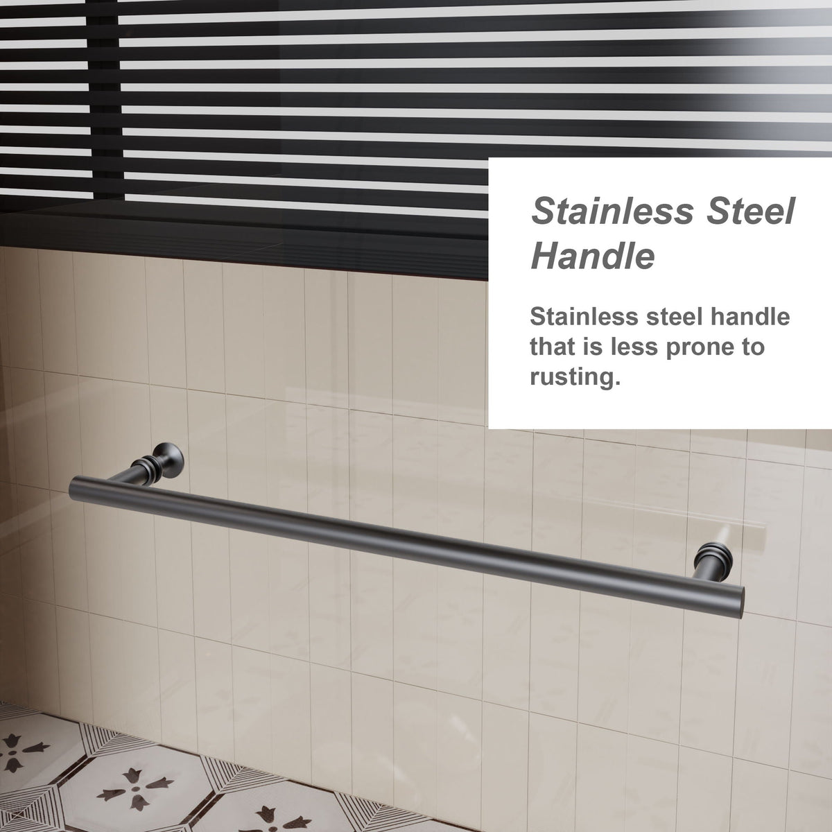 Stainless steel shower door handle with two parallel tubular bars mounted on tiled wall on Tampa Home & Garden Store