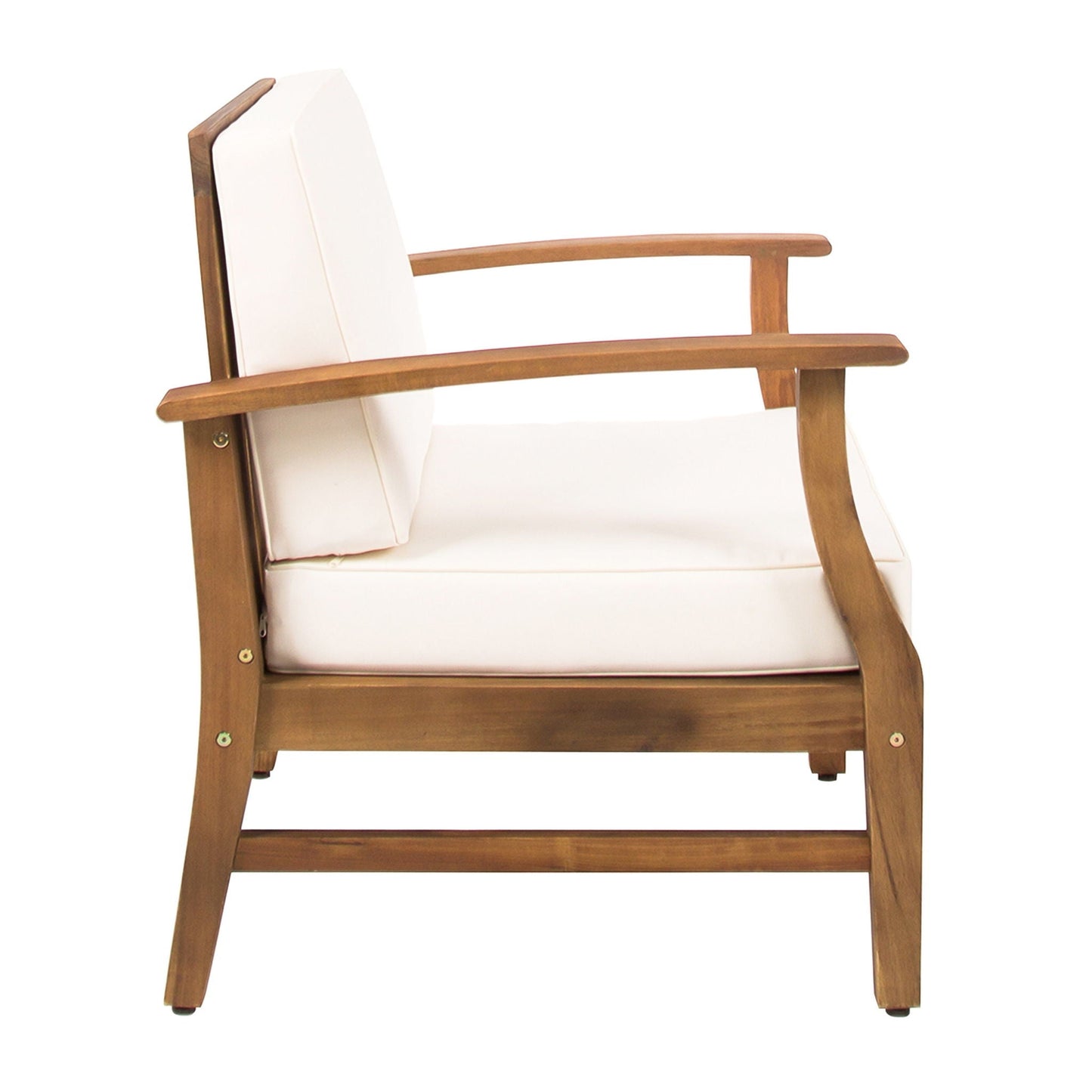 Perla Contemporary Club Chair with white water resistant cushion, wooden outdoor armchair on Tampa Home & Garden Store