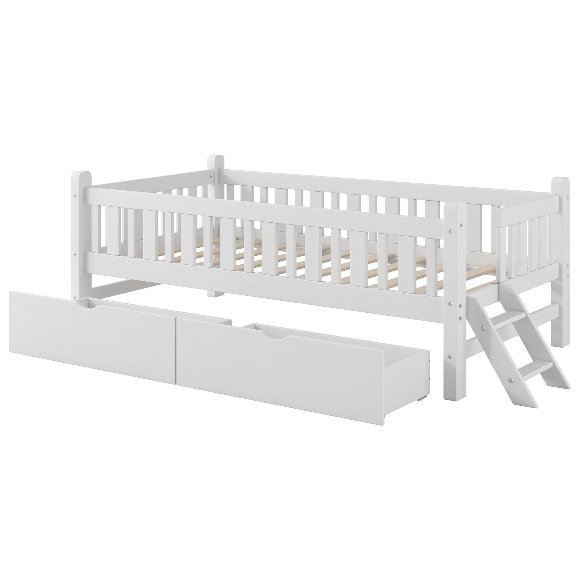 Platform bed with guardrail and two under-bed drawers in white by HouseOfZazla on Tampa Home & Garden Store