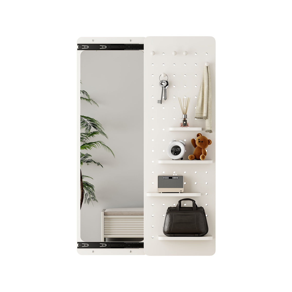 Full length wall mounted mirror with shelf and pegboard hooks in white HouseOfZazla on Tampa Home & Garden Store