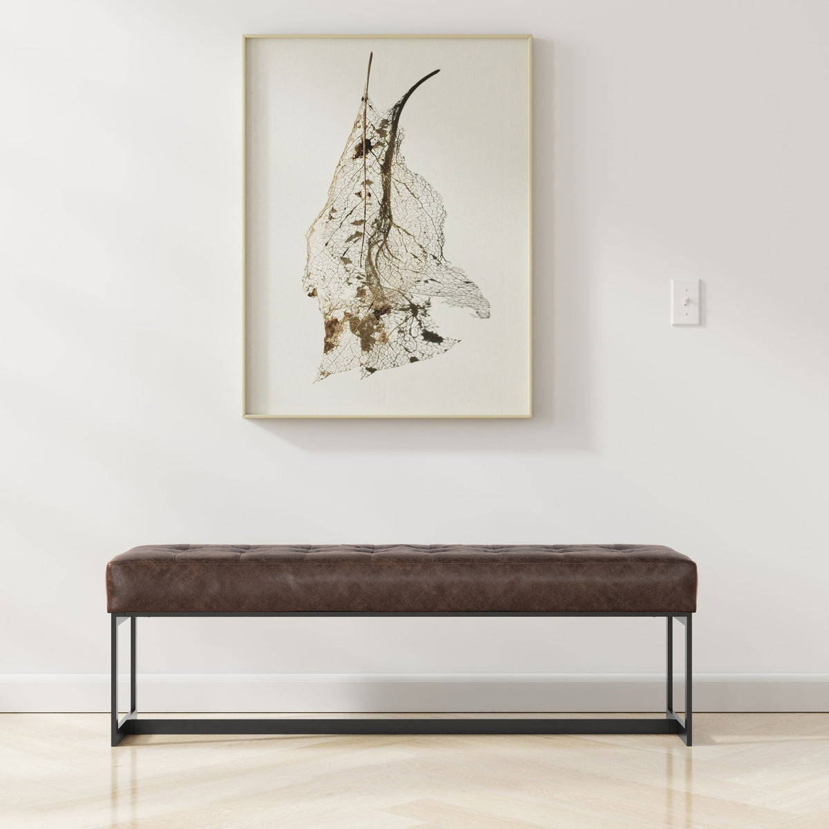 Genuine brown leather ottoman bench with tufted top and metal legs on Tampa Home & Garden Store