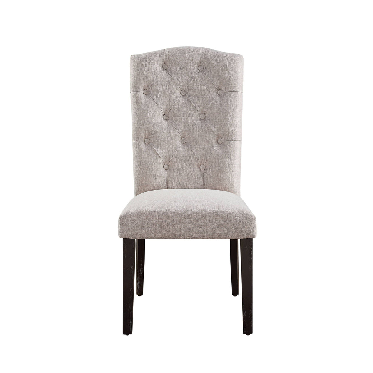 Beige linen tufted dining chair with padded seat and diamond button tufting; dark wood legs on Tampa Home & Garden Store
