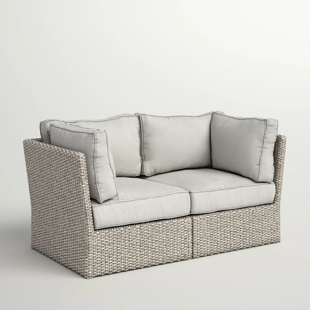 Modern patio wicker loveseat by HouseOfZazla, gray wicker with light gray cushions on Tampa Home & Garden Store