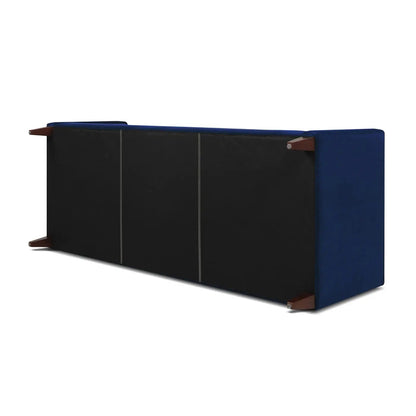 Jack Modern Tuxedo Tufted Sofa Navy Blue underside view with black panels and wooden legs on Tampa Home & Garden Store