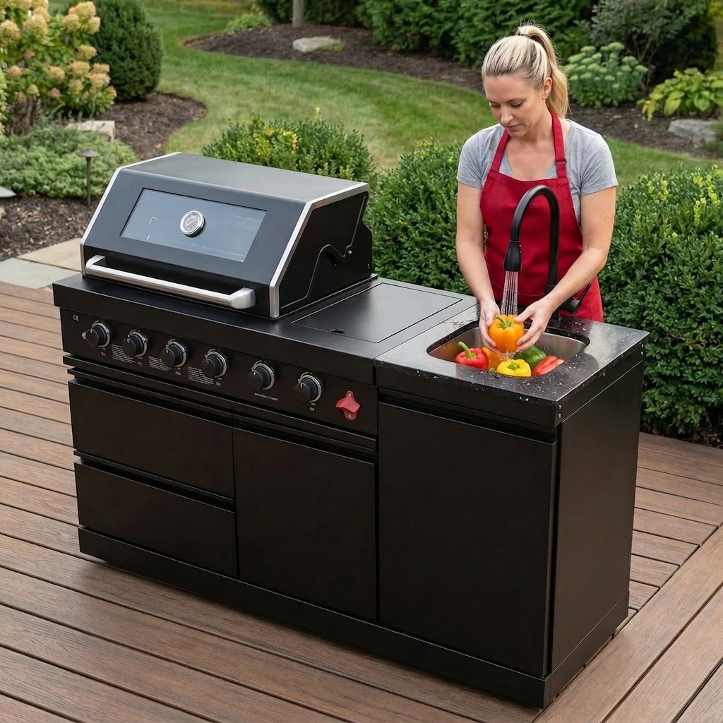 65.4-Inch Deluxe Stainless Steel Propane Outdoor Grill with built-in sink on black cabinet on Tampa Home & Garden Store