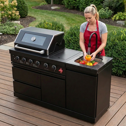 65.4-Inch Deluxe Stainless Steel Propane Outdoor Grill with built-in sink on black cabinet on Tampa Home & Garden Store