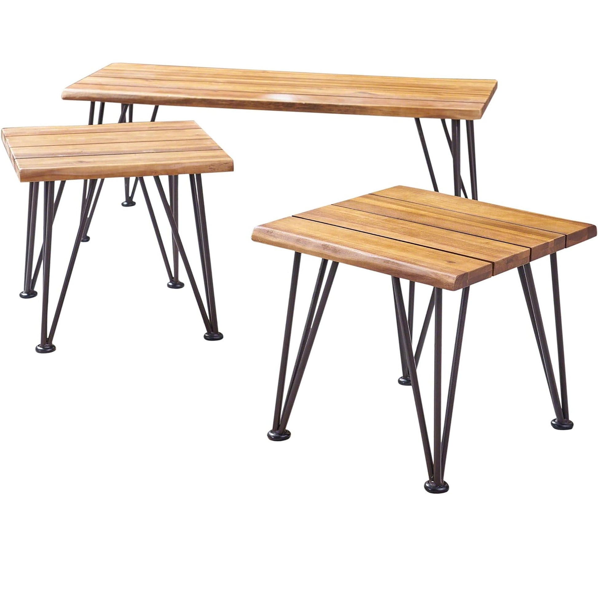 Zion outdoor industrial iron coffee table with teak slats and 2 side tables HouseOfZazla on Tampa Home & Garden Store