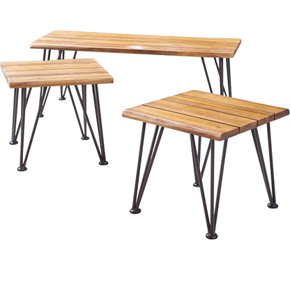Zion outdoor industrial iron coffee table with teak slats and 2 side tables HouseOfZazla on Tampa Home & Garden Store