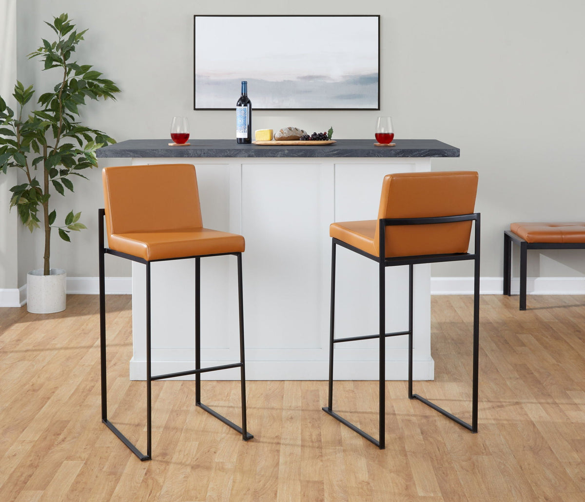 High-back barstool set in orange leather with black metal frames, 3-piece on Tampa Home & Garden Store
