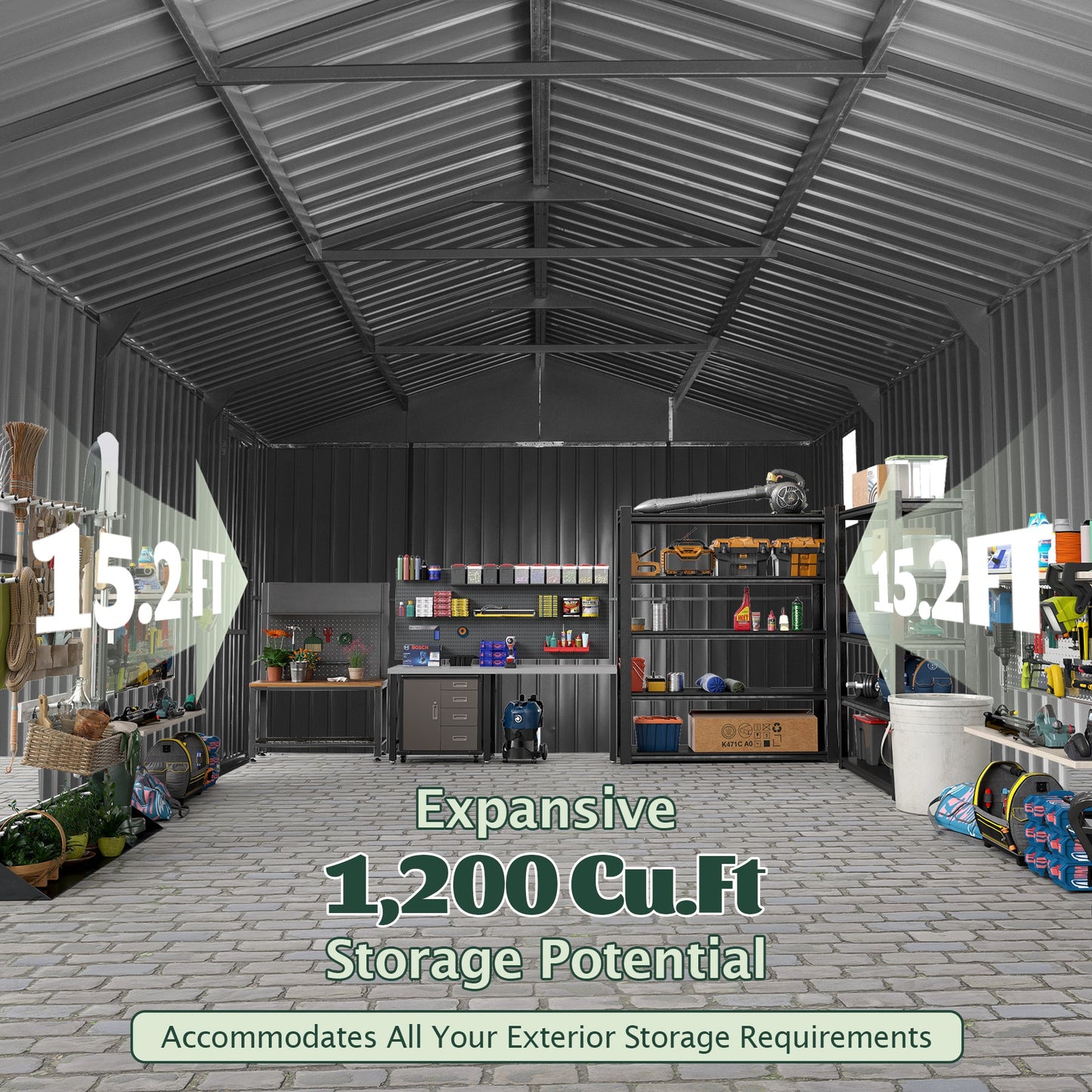 12x15FT Outdoor Metal Garage Shed interior by HouseOfZazla featuring organized tool shelves on Tampa Home & Garden Store