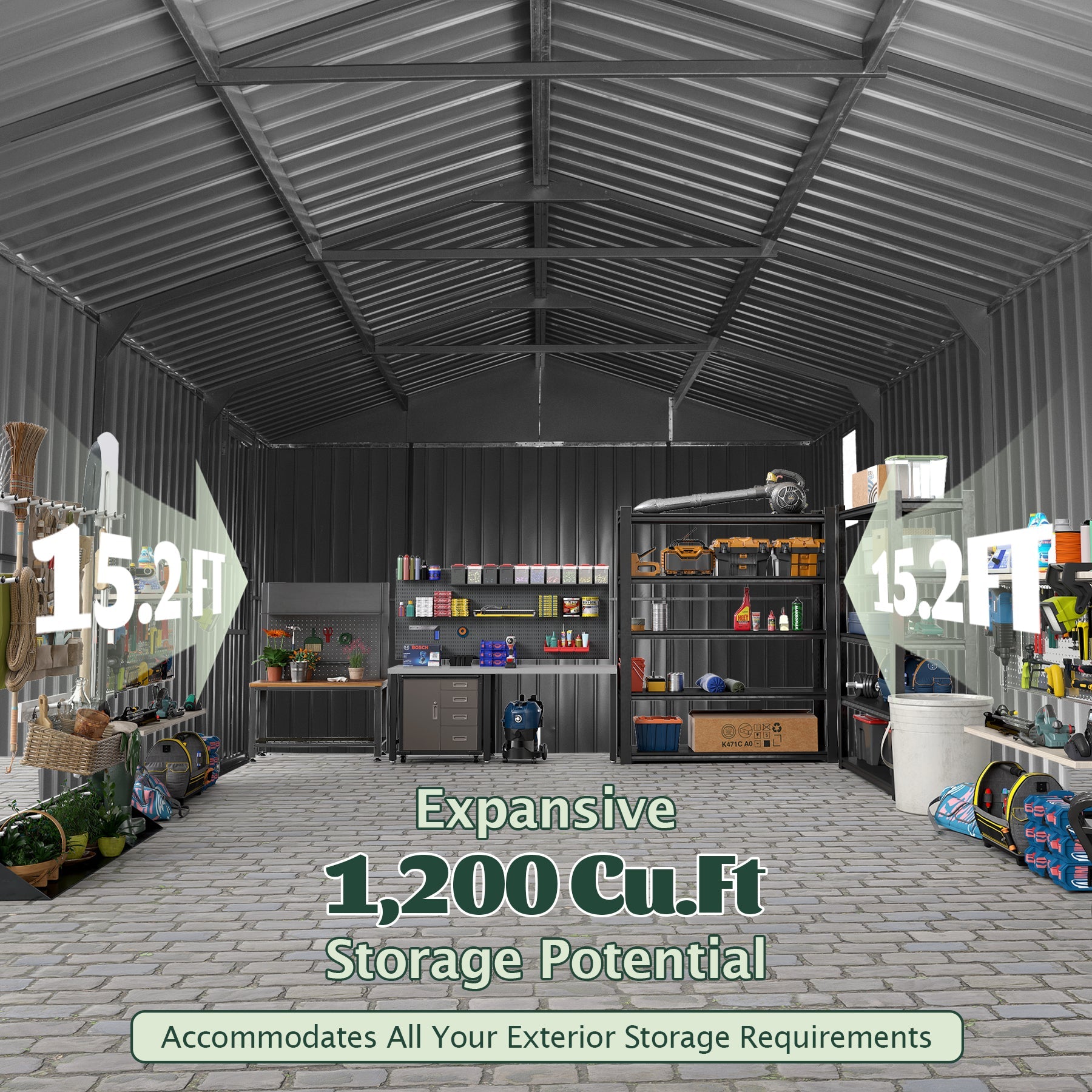 12x15FT Outdoor Metal Garage Shed interior by HouseOfZazla featuring organized tool shelves on Tampa Home & Garden Store