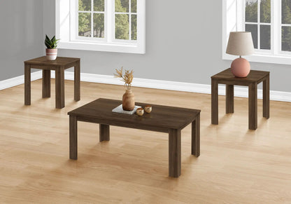 Three-piece dark brown wood table set: coffee, end, and side tables for living room on Tampa Home & Garden Store