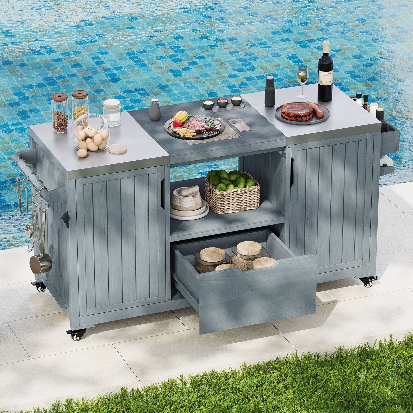 K&K 66.5 in Outdoor Kitchen Island for Big Green Egg Grills, gray wood cart with wheels on Tampa Home & Garden Store