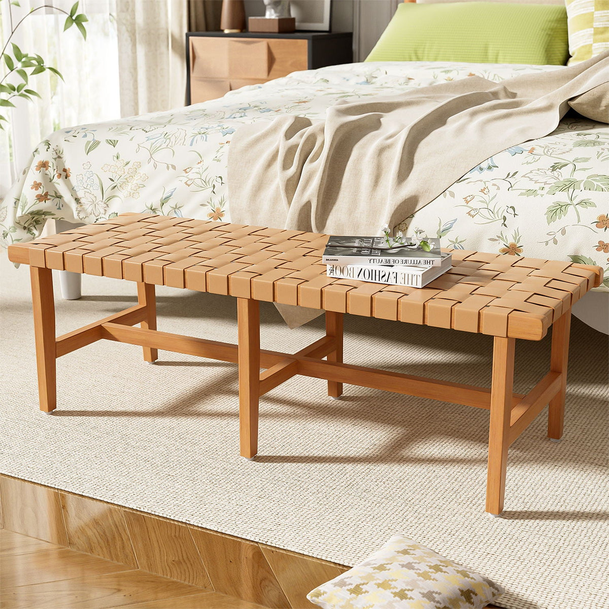 Acacia wood bedroom bench with woven PU leather seat in warm teak at foot of bed on Tampa Home & Garden Store