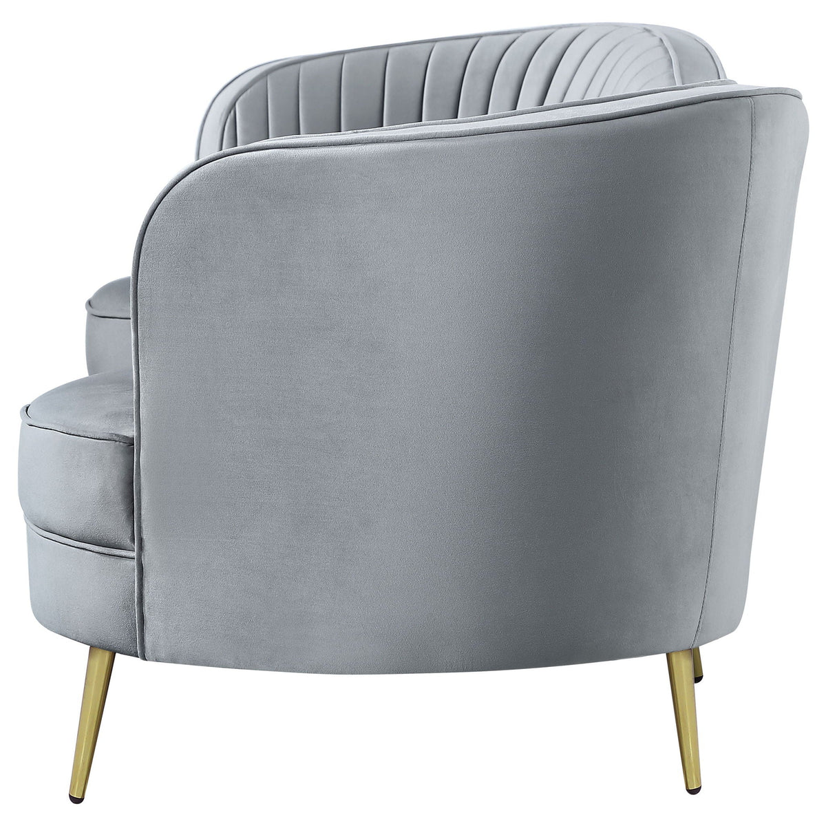Reigha gray upholstered stationary sofa with channel tufted backrest and gold legs HouseOfZazla on Tampa Home & Garden Store