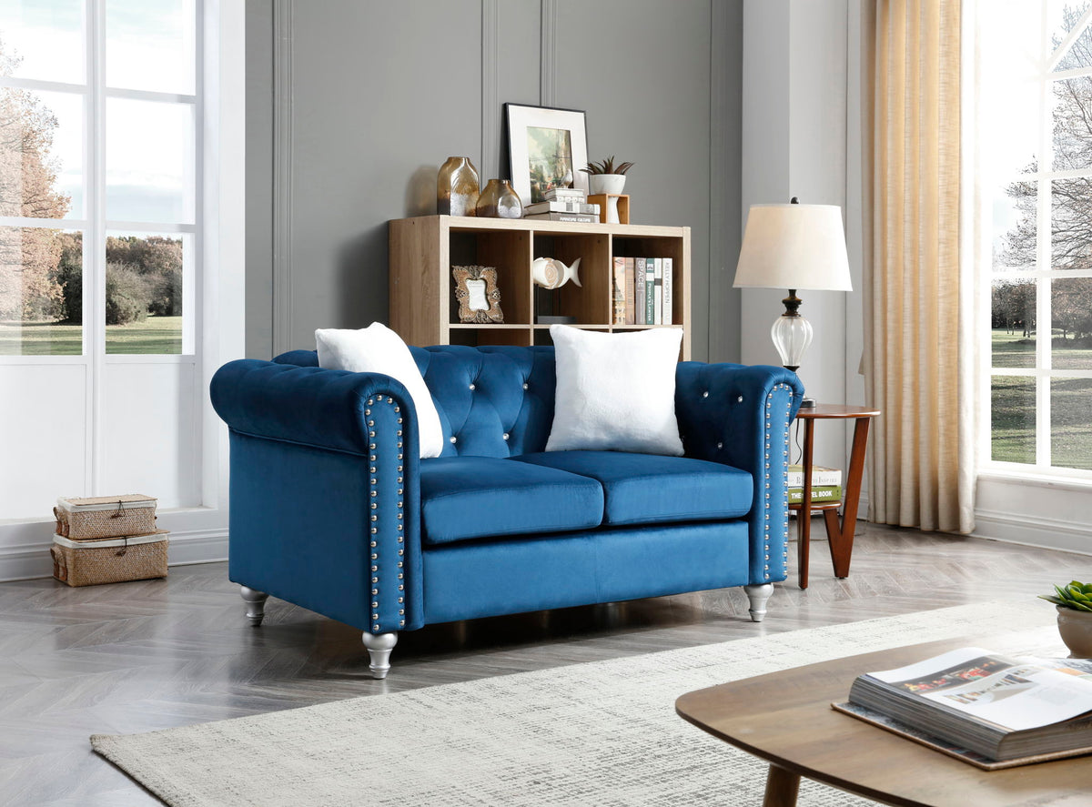 Contemporary blue velvet loveseat with jeweled tufted accents and nailhead trim on Tampa Home & Garden Store