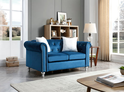Contemporary blue velvet loveseat with jeweled tufted accents and nailhead trim on Tampa Home & Garden Store