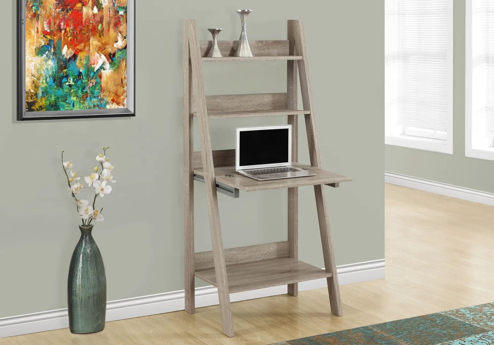 Ladder-style computer desk by Unique Piece Furniture with storage shelves and laptop on Tampa Home & Garden Store