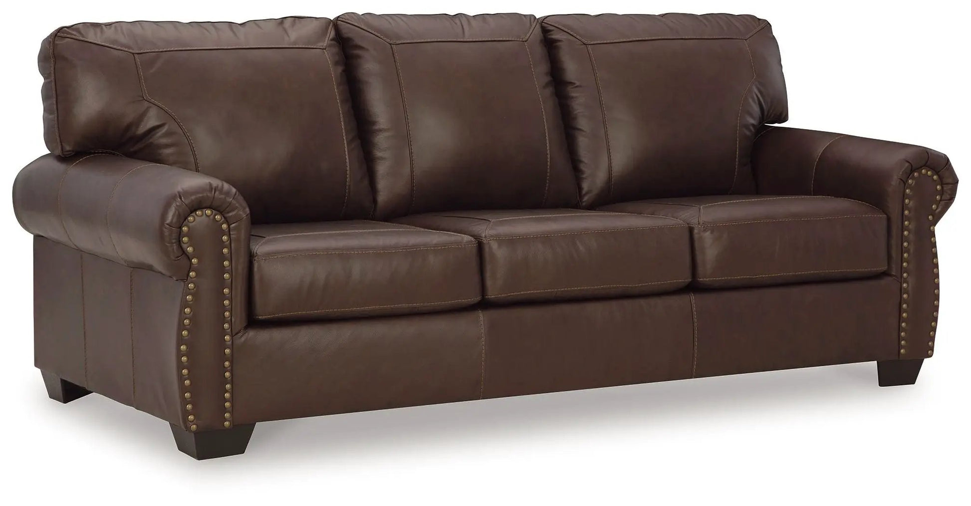 Colleton stationary leather sofa set with brown upholstery, rolled arms and nailhead trim on Tampa Home & Garden Store