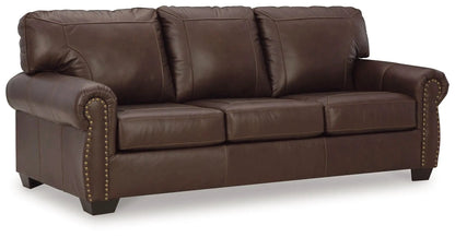 Colleton stationary leather sofa set with brown upholstery, rolled arms and nailhead trim on Tampa Home & Garden Store