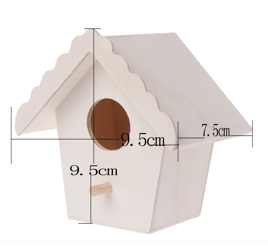 Creative wooden bird nest ornament birdhouse with scalloped roof, natural finish, wood perch on Tampa Home & Garden Store