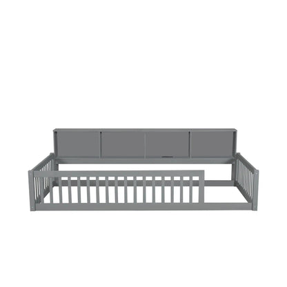 Twin Floor Bed With Storage Cabinets and USB Gray