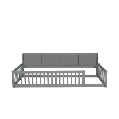 Twin Long Floor Bed with storage cabinets and USB ports in gray, HouseOfZazla platform bed on Tampa Home & Garden Store