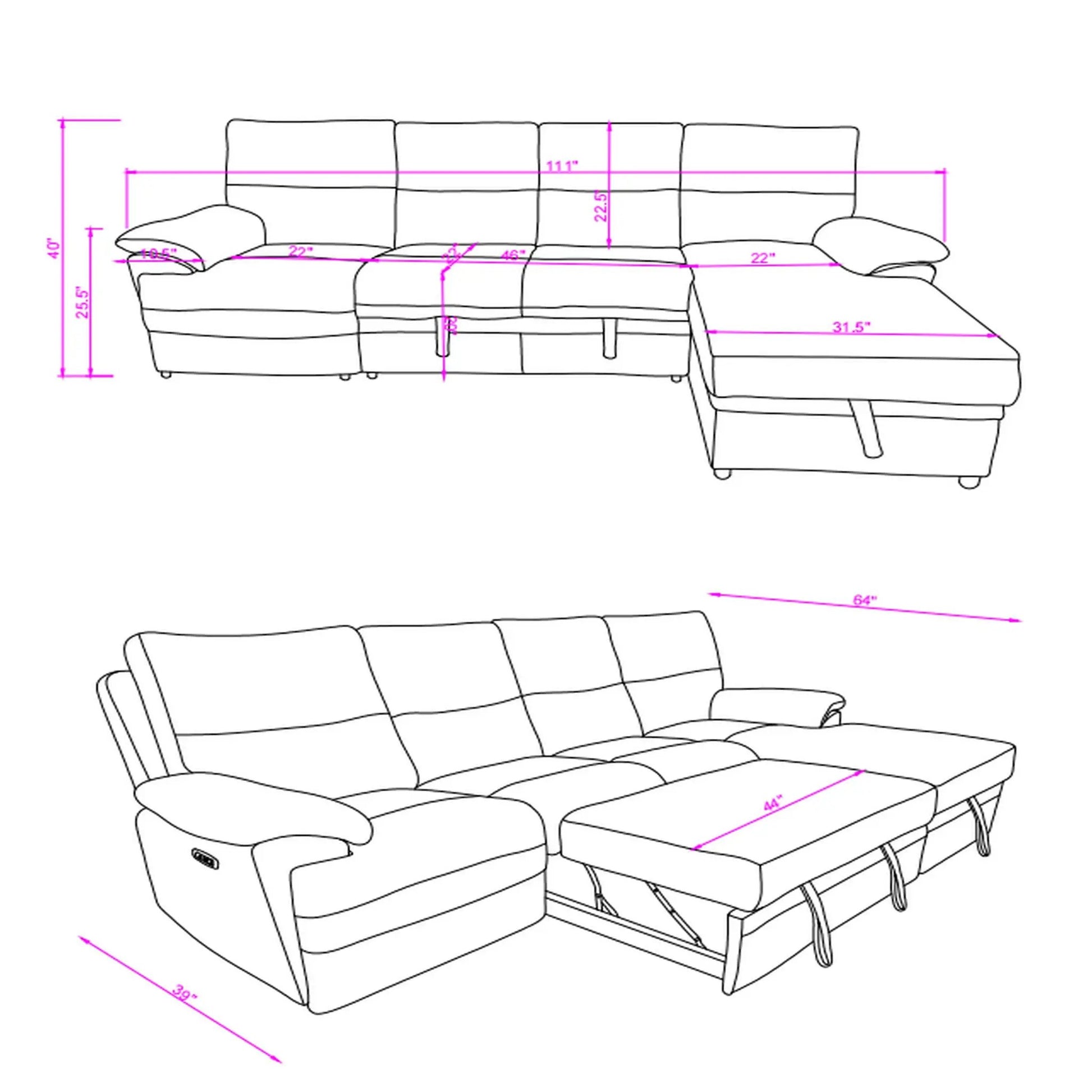 Kia reclining sectional with USB power, beige/brown upholstery, right chaise on Tampa Home & Garden Store
