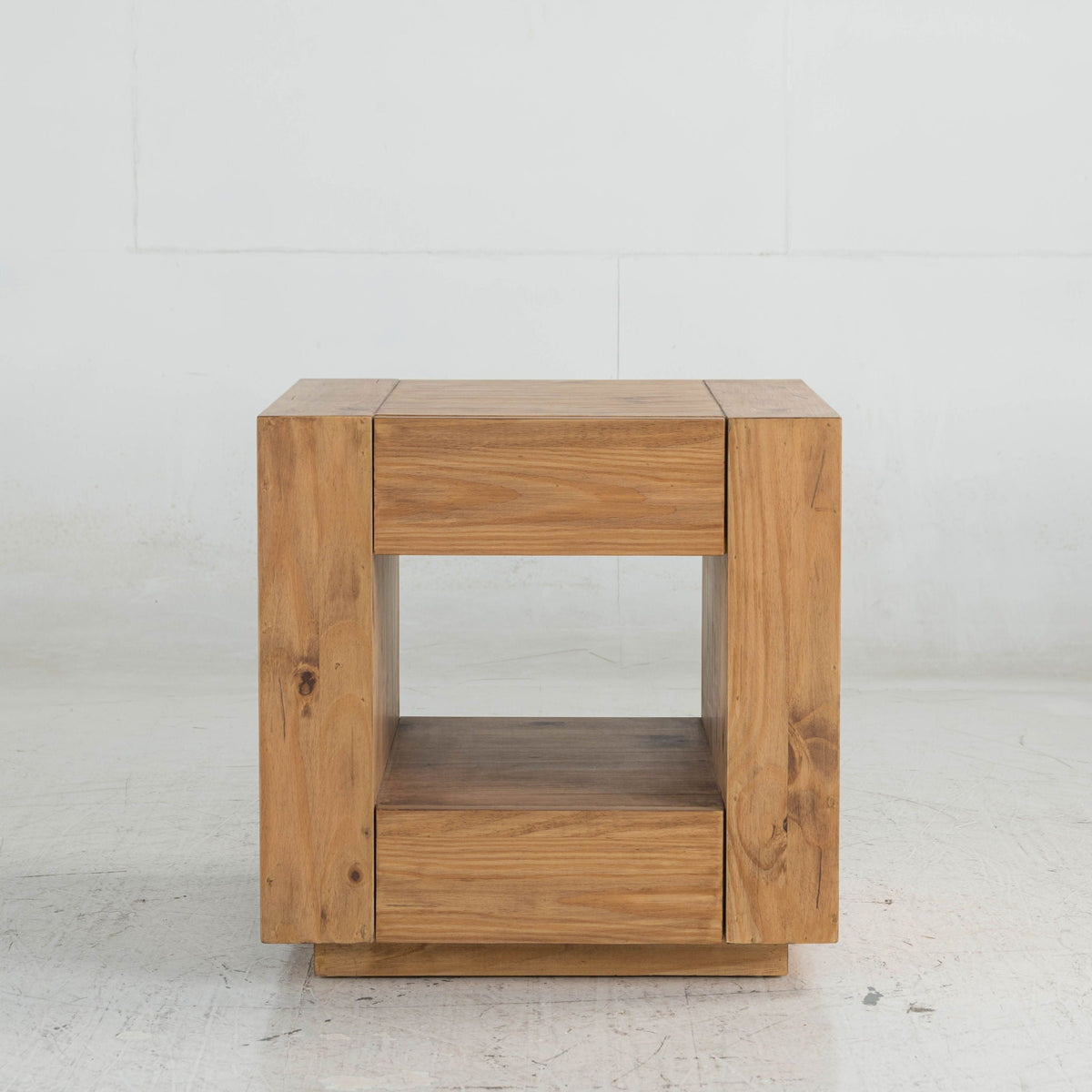 Harlan Oak End Table with Storage light brown finish, cube with drawers and lower shelf on Tampa Home & Garden Store