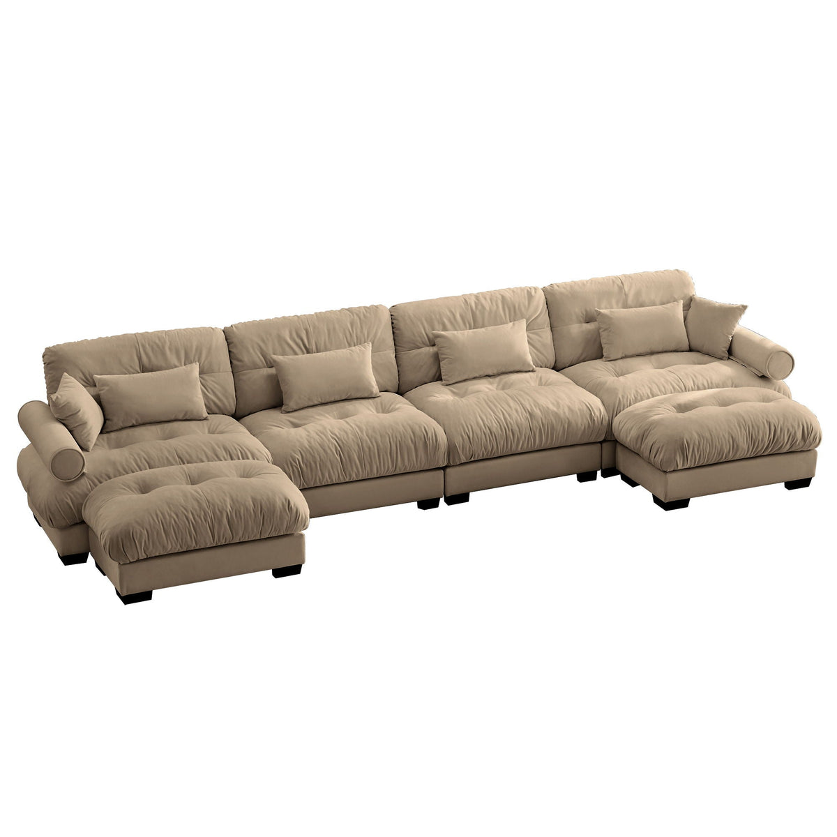 Modern Sectional Sofa With Ottoman, tan fabric, round bolster arms, waist and throw pillows on Tampa Home & Garden Store