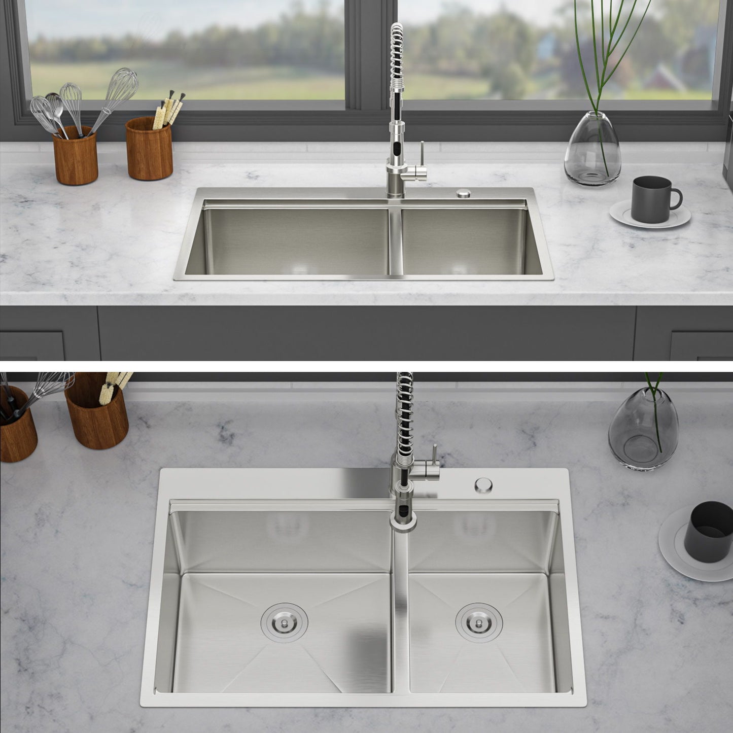 Top Mount Drop In Double Bowl Kitchen Sink With A