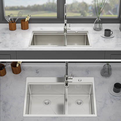 Top Mount Drop In Double Bowl Kitchen Sink With A