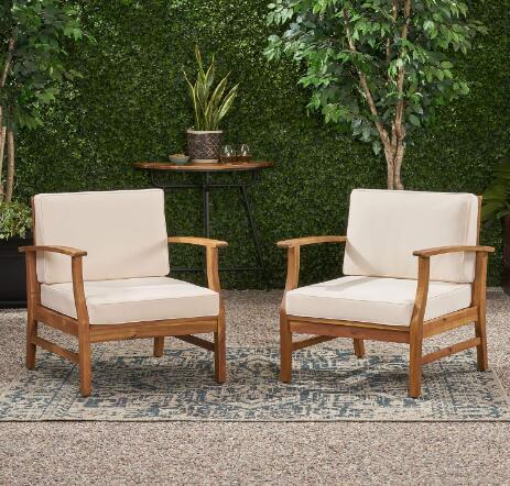 Perla Contemporary Club Chair pair with beige cushions, wooden chairs by HouseOfZazla on Tampa Home & Garden Store