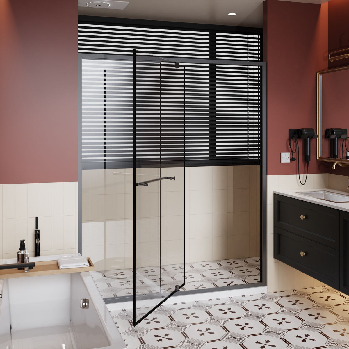 Matt Black Pivot Shower Door with Handle 60W x 72H featuring matte black frame and glass panels on Tampa Home & Garden Store
