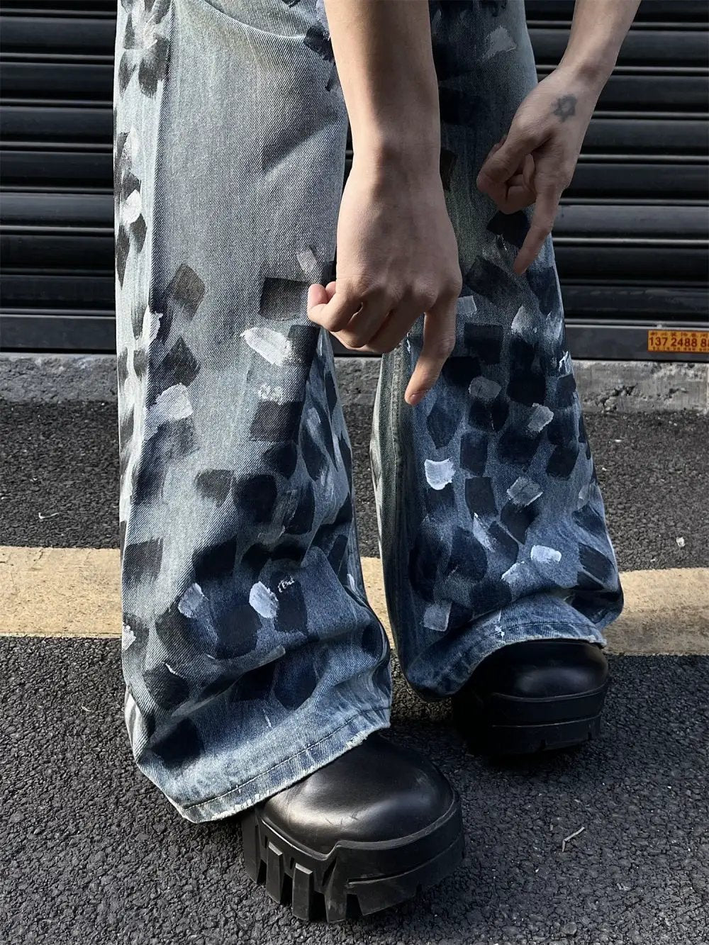 FLIPSTYLEZLLC men's slightly flared wide-leg denim jeans with gray-blue patchwork on Tampa Home & Garden Store