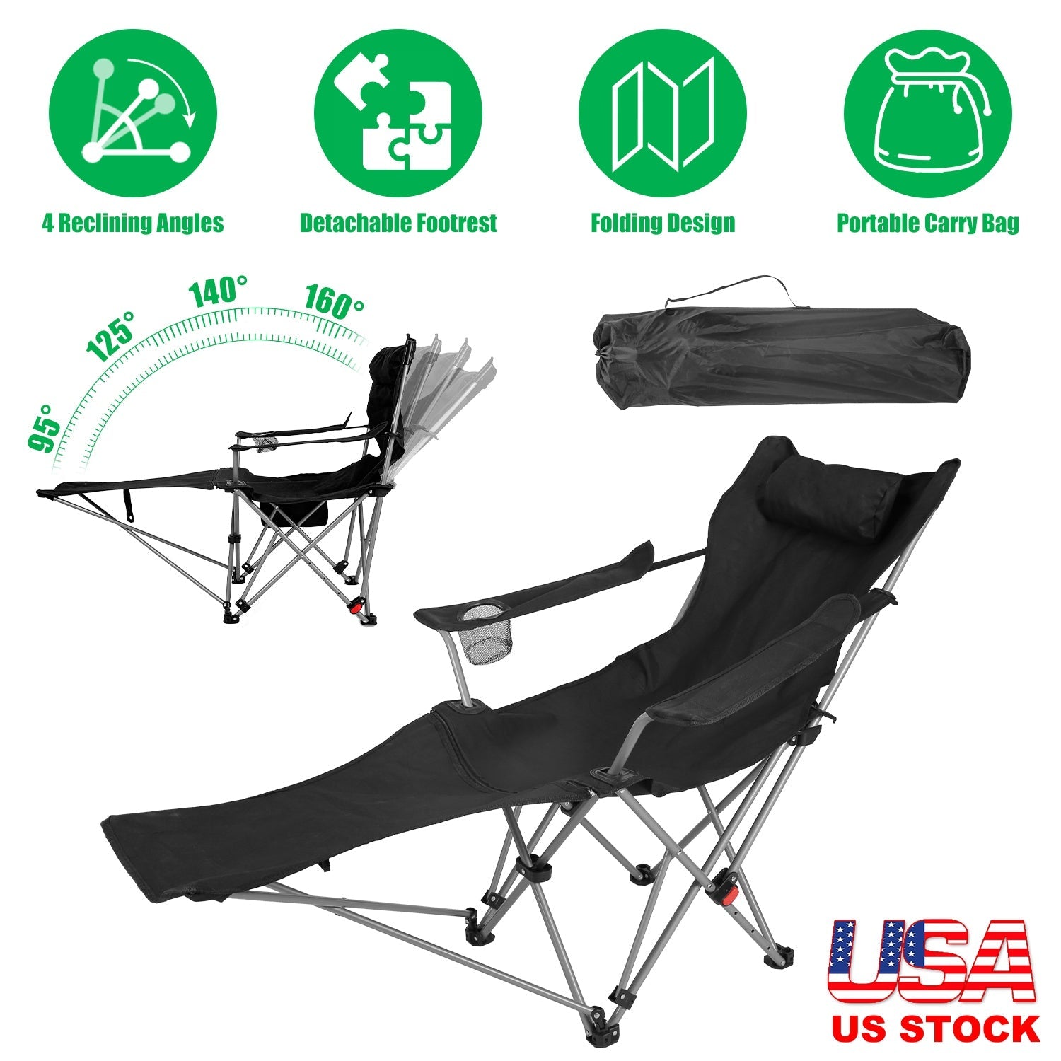 GemGear reclining camping chair with footrest, black fabric chair with headrest on Tampa Home & Garden Store